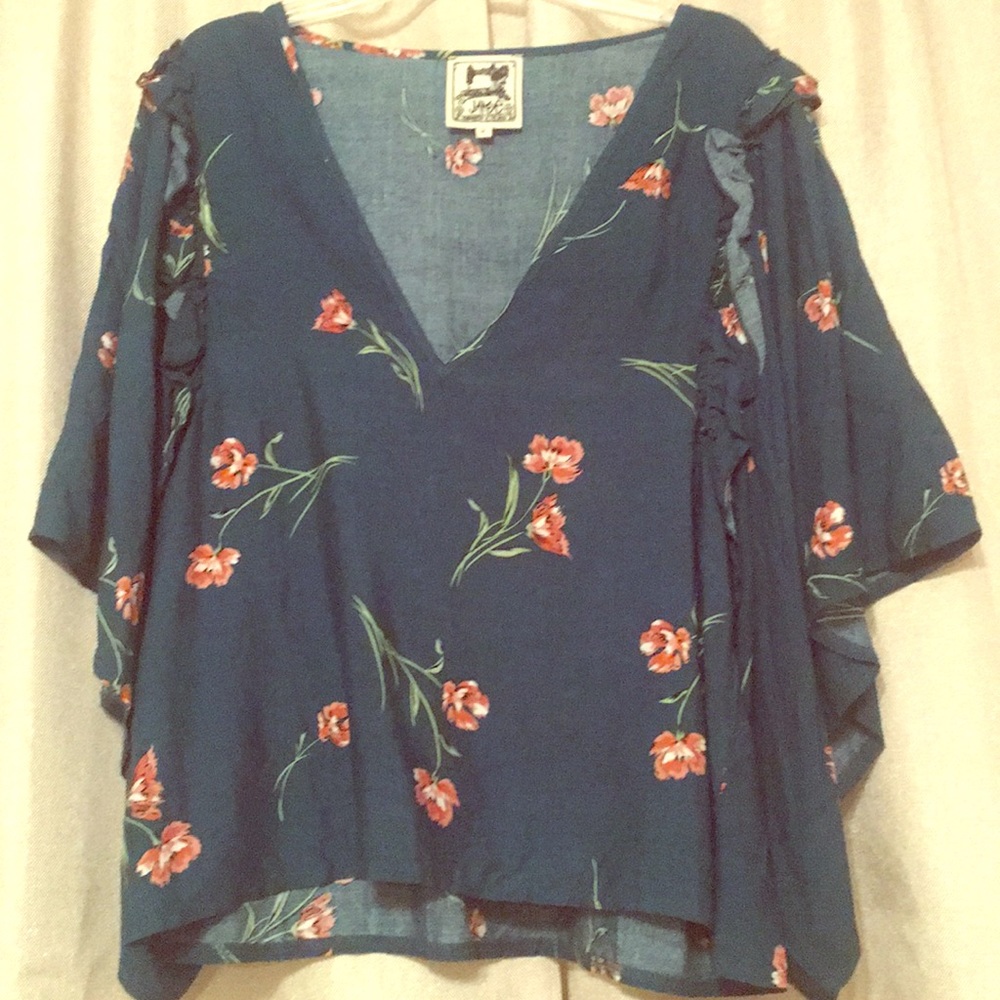 Deep V Green Blouse With Flowers